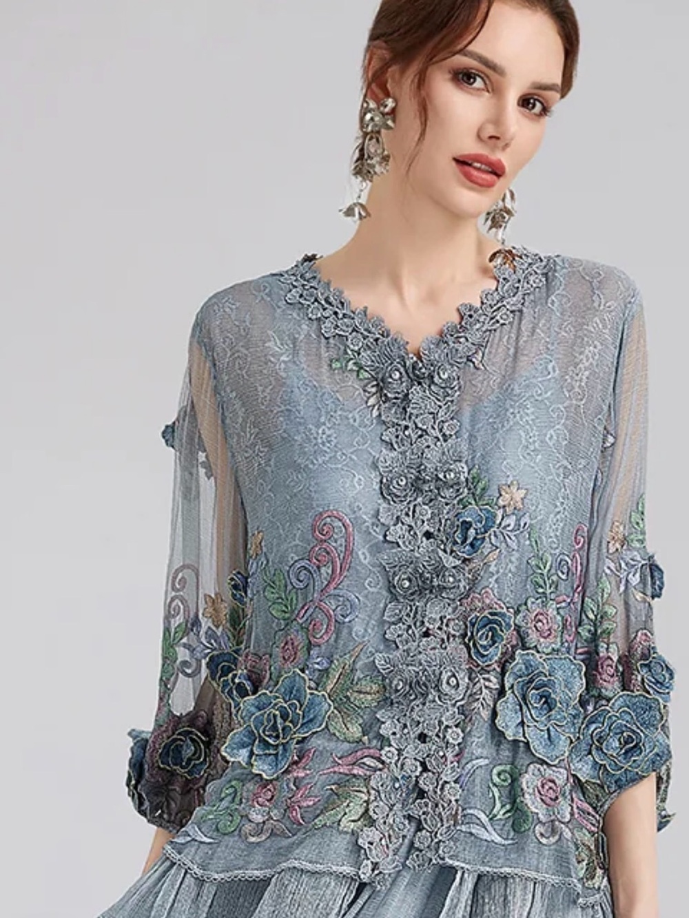 Rich Radi qs Handcrafted 3D Floral Silk Top Elegant Blue Floral Lace Women's